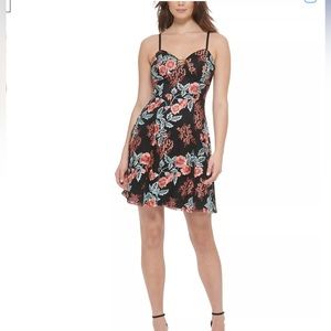 Guess Embroidered Fit & Flare Floral Mesh Dress
